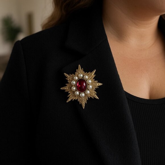 Vintage Ruby & Pearl Starburst Brooch – Quiet Luxury Holiday Statement Pin - Picture 3 of 10
